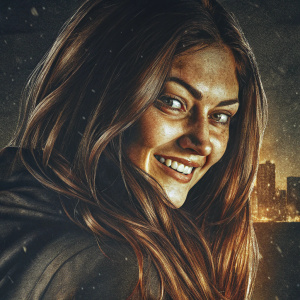 Close-up portrait of actress Phoebe Tonkin, long brown hair, smiling warmly. City skyline in background