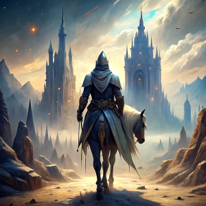 male knight with white cape and shining fantasy armor on a armored black horse, standing on a plain and look forward, his back to the viewer, look to elvish fantasy beautiful huge white marble city, fantasy environment, vibrant natural colors, watercolor painting, fantasy art, HD