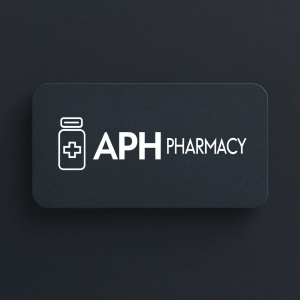 A sleek, modern logo for APH Pharmacy. Dark background with white text 'APH Pharmacy'. Minimalistic stylized pill bottle graphic next to text.