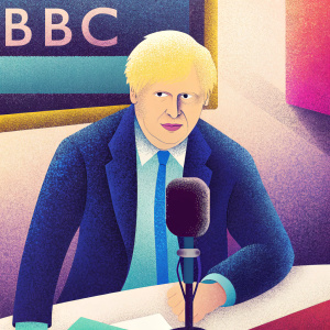 Boris Johnson, sitting at a desk with a microphone, wearing a navy suit and light blue shirt. The background shows a studio setup with a large screen displaying the BBC logo.