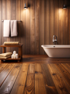 background of a brown wooden bathroom with floor, towels, soap