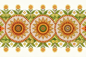 Random embroidery sunflower border pattern. Vector ethnic sunflower pixel art seamless pattern. Ethnic sunflower stitch pattern used for textile borders, wallpaper, cushions, carpet, upholstery, light pastel color tone