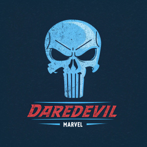 Blue rendition of the Punisher's skull logo from Netflix's Daredevil. Dark background, text 'Daredevil' below, Marvel branding