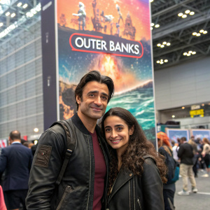 Gilles Marini and Juliana Marini at the New York Comic Con, posing in front of a massive 'Outer Banks' poster.