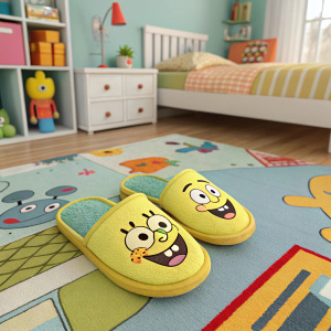Comfortable SpongeBob SquarePants slippers. Sitting on a colorful bedroom floor. SpongeBob waving from the front of each slipper.