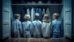 Horror atmosphere： The five children turned their backs and hid in the closet