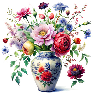 a WATERCOLOR IMAGE    VINTAGE Chineese traditional motiffs decorated Vase on a white wall, THERE ARE IN THE VASE : watercolor PALE carmine WILD FLOWERS ,GREEN WEEDS ,burgundy PEONIEs ,orange  Bougainvillea, PURPLE dandelion ,ox blood red geranium,yellow  Narcissus, ruby crocusES ,navy blue daffodil ,WHITE roses , amaranth 
 Damarion s, red tulips , freesia ,sienna orange lavender Common Crape Myrtle ,Watsonia ,tritoma.carmine Chandramallika, burgundy VIOLETS ,ruby  SISYMBRIUM