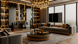 4.50 long, 2.50 high, 98 inch TV unit with gold details where I can display AK47 Kalashikov with a display case for whiskey bottles on marble  column