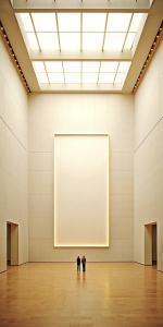 Large white minimalist space of a modern art museum filled with light. All textures are white. A symmetrical composition with a single large painting in the middle. High aesthetics of the frame. Geometric abstraction style painting based on architectural images. There are several spectators in the room looking at the painting. Photorealistic image. High quality. 