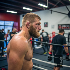 Jan Blachowicz, UFC fighter, intense gaze. Training session in gym, surrounded by boxing rings and equipment