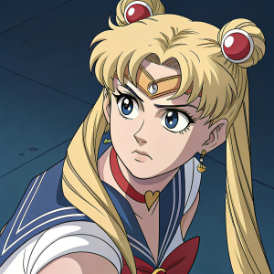 Serious expression of Sailor Moon in a manga panel. Dark background, typical anime style