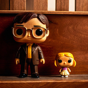 Funko Pop figurine of Dwight Schrute from The Office. He's in a dark brown suit, yellow shirt, and glasses, standing confidently next to a tiny princess figurine. Set against a plain white backdrop.