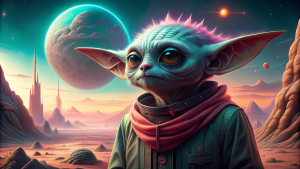 Draw Dobby. Style: Cyberpunk, ultra realism, professional photography, photo realism. Full-length. He's on an abandoned future planet. It should be a handy pc wallpaper with room for shortcuts