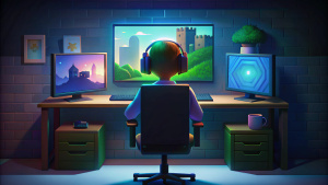 a guy sitting in a gaming chair playing minecraft with lots of minecraft decorations in his room he has a s his 2 monitors with headphones a black gaming chair and his room is very dark dont show his face show the iiimage at 60 degree angle