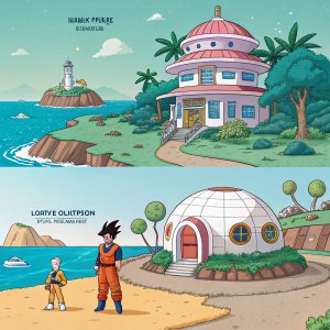 Concept art featuring key locations from the Dragon Ball universe, illustrated in a vibrant digital style.