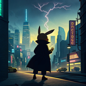 Promotional poster for Detective Pikachu. Dark character silhouette against vibrant cityscape background, hinting at action.