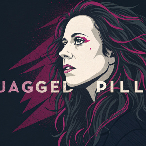 Digital artwork for Alanis Morissette's album 'Jagged Little Pill'. Dark background with woman's face, pink, black, and white color palette, bold design, 'JAGGED PILL' text.