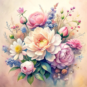 watercolor image ,Pink white Peonies Snowdrops, lobelia, clematis,salvia , carnation, Common Crape Myrtle., Ranunculus viburnum, wax flower, dandelion, geranium , watercolor , watercolor