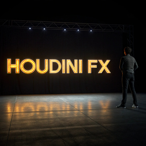 Illuminated text on a deep black backdrop highlights Houdini FX software's prowess in 3D animation and simulation. The focus is on the software's advanced features and its pivotal role in creating stunning visual effects.