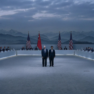 Donald Trump and Xi Jinping standing in front of large American and Chinese flags. Both are dressed in formal suits. The backdrop is a conference room with international leaders.