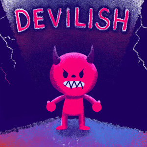 A digital illustration of a cartoon character resembling a devilish figure with a fierce expression. Aggressive stance. Dark background with jagged, torn edges. Stylized text appears rough and weathered.