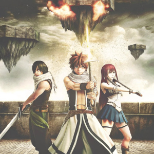 Promotional poster for Fairy Tail anime. Lucy Heartfilia, Natsu Dragneel, and Erza Scarlet standing in a battle stance, against a backdrop of fiery sky and floating islands.