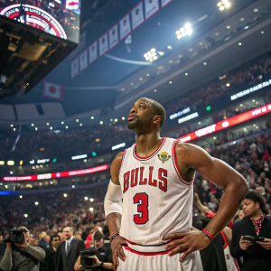 Basketball player Dwyane Wade at the NBA All-Star Game. Wearing a white Chicago Bulls jersey with number 3. Crowded arena.