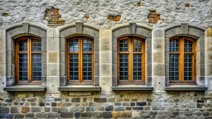 four vintage window,old stone grandwall,gray colour 