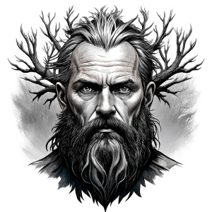 Wikinger mit zwei Gesichtern baum yggdrasil – and weapons high-definition design grey and black, realistic tattoo design, white background