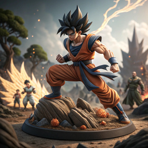 A detailed 3D render of Goku, the iconic Saiyan, depicted in an intense action pose. His spiky black hair and warrior outfit are meticulously designed. Goku's base features a dramatic battle scene from Dragon Ball Z, with intricate designs that enhance the overall aesthetic.