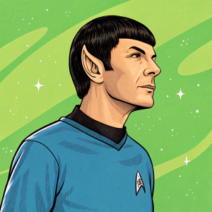 Cartoon Spock from Star Trek. Brightly colored green background