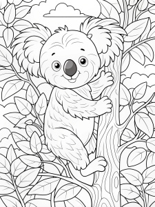 colouring page for children,no details,outline,no colour,fill frame,edge to edge,white backgroung clipart.Koala - Climbing a tree