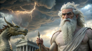 imagen completa de Diomedes y Odiseo, el rey de Ítaca, enfrentándose a guardias y a un gigantesco dragón que custodiaba la estatua del paladio en atenea, Foto realista,RealVisXl, cuerpo completo, pelo largo blanco gran barba, Hiperrealista,4k , fondo tormentoso.