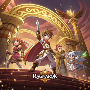 Digital art featuring characters from Ragnarok Online. Heroic central figure surrounded by other characters in dynamic poses. Rich golden and reddish color palette. Anime-inspired style with a golden archway-like structure framing the central figures. Ragnarok title displayed at the bottom.
