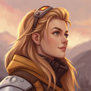 Brigitte, Overwatch character, long blonde hair, youthful appearance. Digital illustration, close-up portrait. Warm and muted colors, pink tones blend in the background.