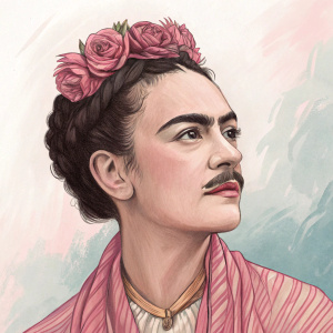 Portrait of Frida Kahlo with emphasis on her iconic mustache and unibrow. Soft pastel colors