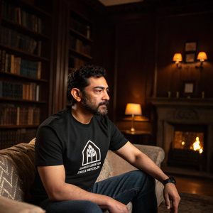 Aamir Khan, Indian actor, wearing a black t-shirt with a building logo. Sitting on a couch in a dimly lit room filled with bookshelves and a fireplace.