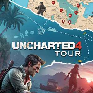 Promotional poster for 'Uncharted 4 Tour'. Vibrant map illustration, blurred background with game-related elements.