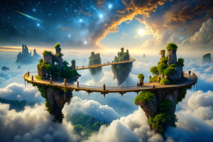 Create a scene of a midjourney across floating islands connected by ethereal bridges, with mythical creatures guiding the way through the celestial expanse