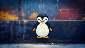 Wallpaper minimal "LINUX" Logo, in the style of street art aesthetic, cute cartoonish designs, photo-realistic techniques, dark red, Childhood and Arcadia, anime aesthetic, cartoon-like