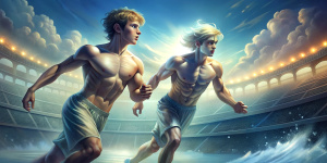 Ancient Greece. Stadium in Athens. A couple of realistic cute shirtless slim 18-year-old guys with blond wavy hair wearing short white perizoma, barefoot, at full height, are running very fast in Olympic Games on a sunny afternoon.