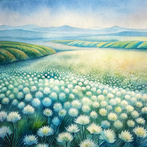 white chive field in autumn, bird's eye view, in distance