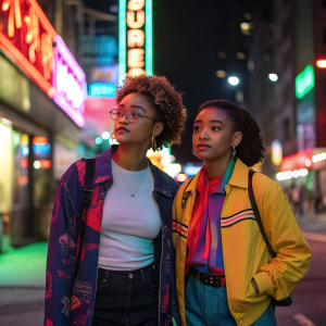 Karen Brailsford and Amandla Stenberg on a bustling city street at night. Both wear casual attire. Bright neon signs illuminate the scene.