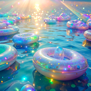 light soft pastel Dreamscape Holographic liquid Patent Spandex Vinyl glitter lots of realistic  sea mattress toys floating on the sea glam shine effects ultra intense crystal effect  glitter  PRISM Effect    Photoshop Photo Manipulations     very much glitter sparkly fantasized glam Sprinkle Bioluminescent  masterpiece  Magical   Shimmering  ultra  UV Glow Rainbow