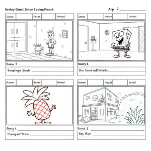 Simple line drawings for SpongeBob SquarePants storyboard. Minimal shading. Focus on layout and basic sketches.