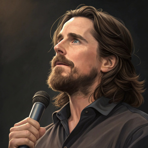 Christian Bale, with beard and long wavy brown hair, stands in a studio. Holding a microphone. Dark background, focused expression, close-up shot.