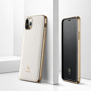Spigen La Manon Classy Case showcased on an iPhone 11 Pro. Shiny and textured surface with logo visible. Minimalist white background.