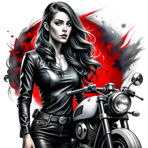 motorcycle bikergirl tattoo design - perfect realistic art - high-definition - grey and black - white background 