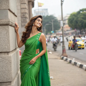Disha Patani, Indian actress, in a stunning green saree. She is posing elegantly against a bustling street scene backdrop.