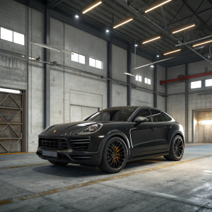 A hyper-realistic 3D model of a matte black Porsche Cayenne Turbo Coupe in an open garage setting.